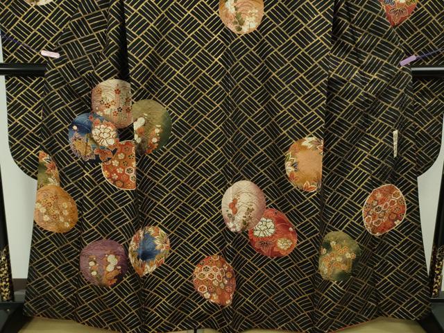平和屋本店●希少 西陣 河合美術織物謹製 振袖 花丸文 黒地 金彩 逸品 DZAB7920kh6