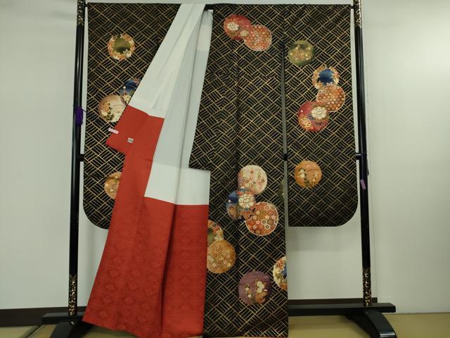 平和屋本店●希少 西陣 河合美術織物謹製 振袖 花丸文 黒地 金彩 逸品 DZAB7920kh6