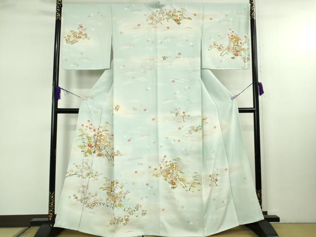 平和屋本店●極上 訪問着 駒刺繍 御所車花文 白藍色地 暈し染め 金彩 逸品 未使用 DZAB7922kh6