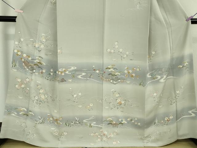 平和屋本店●極上 創業460年・千總 訪問着 駒刺繍 吉祥風景花文 絹鼠色地 暈し染め 金彩 逸品 DZAB7933kh6