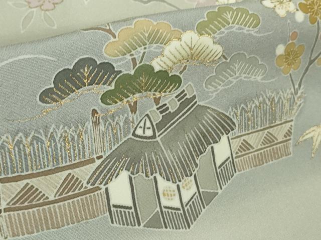 平和屋本店●極上 創業460年・千總 訪問着 駒刺繍 吉祥風景花文 絹鼠色地 暈し染め 金彩 逸品 DZAB7933kh6