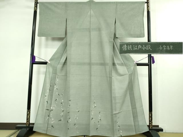 平和屋本店*極上 夏物 人間国宝 小宮康孝 色留訪問着 傳統江戸小紋 絽 鮫小紋柄 朝顔 鶸茶色×白 三越扱い 反端付き 逸品 DZAB7964kh6