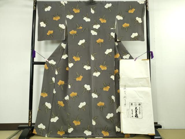 平和屋本店●極上 銀座 志ま亀 小紋 桐 チャコール地 鬼しぼ縮緬 たとう紙付き 逸品 DZAB7973kh6