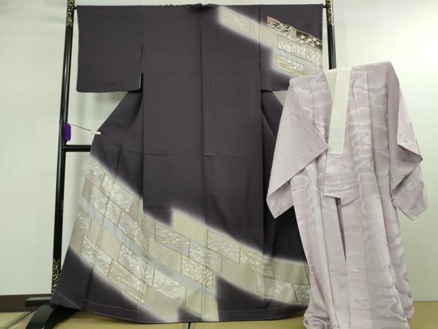 平和屋本店●極上 訪問着・長襦袢(無双仕立て)セット 総手刺繍 吉祥花文 深紫色地 金銀糸 逸品 未使用 DZAB7991kh6