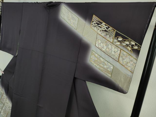 平和屋本店●極上 訪問着・長襦袢(無双仕立て)セット 総手刺繍 吉祥花文 深紫色地 金銀糸 逸品 未使用 DZAB7991kh6