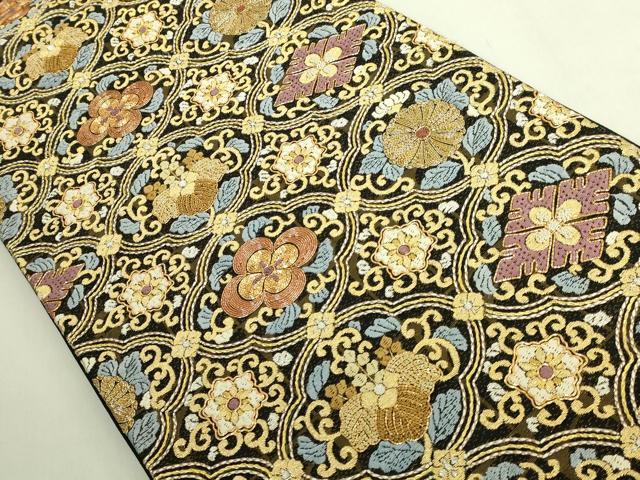 平和屋本店●最高級 中国三大刺繍 相良刺繍 総刺繍 袋帯 花唐草 菱 黒地 金銀糸 逸品 DZAB8033kh6