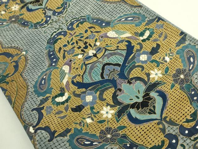 平和屋本店●最高級 中国三大刺繍 スワトウ刺繍 汕頭刺繍 総刺繍 絽刺し 全通柄袋帯 向かい鳥花文 金糸 逸品 DZAB8035kh6