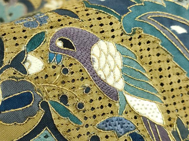 平和屋本店●最高級 中国三大刺繍 スワトウ刺繍 汕頭刺繍 総刺繍 絽刺し 全通柄袋帯 向かい鳥花文 金糸 逸品 DZAB8035kh6