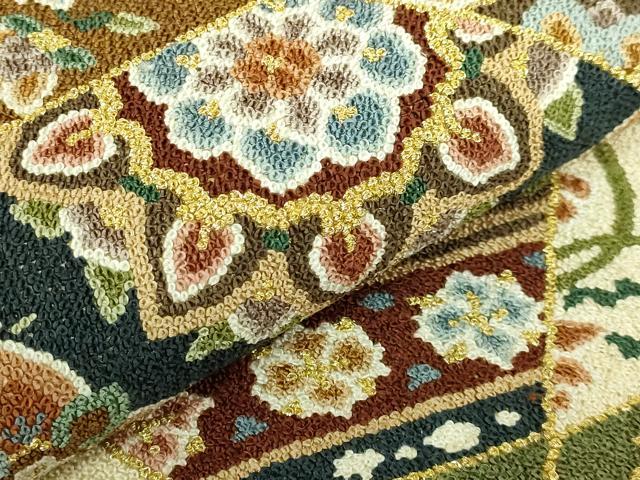 平和屋本店●最高級 中国三大刺繍 総相良刺繍 総刺繍 袋帯 200万粒 総詰め 切り嵌め正倉院花文 金糸 逸品 未使用 DZAB8044kh6