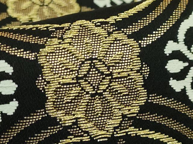 平和屋着物●極上 西陣 丸勇謹製 六通柄袋帯 慶祥唐織 正倉院花文 黒地 金糸 反端付き 逸品 未使用 DZAB8057kh6