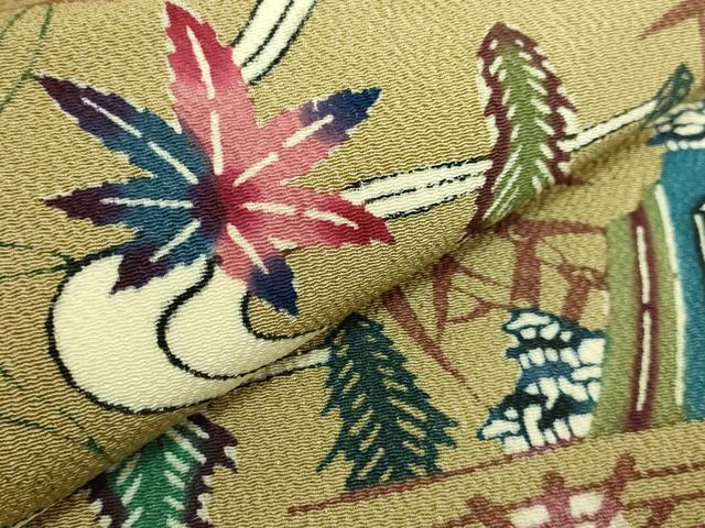 平和屋本店●極上 本場琉球紅型 平野晋二郎 九寸開き名古屋帯 風景文 利休茶色地 鬼しぼ縮緬 ますいわ屋扱い 逸品 DZAB8058kh6