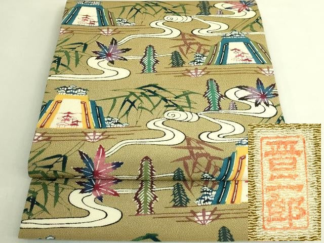 平和屋本店●極上 本場琉球紅型 平野晋二郎 九寸開き名古屋帯 風景文 利休茶色地 鬼しぼ縮緬 ますいわ屋扱い 逸品 DZAB8058kh6