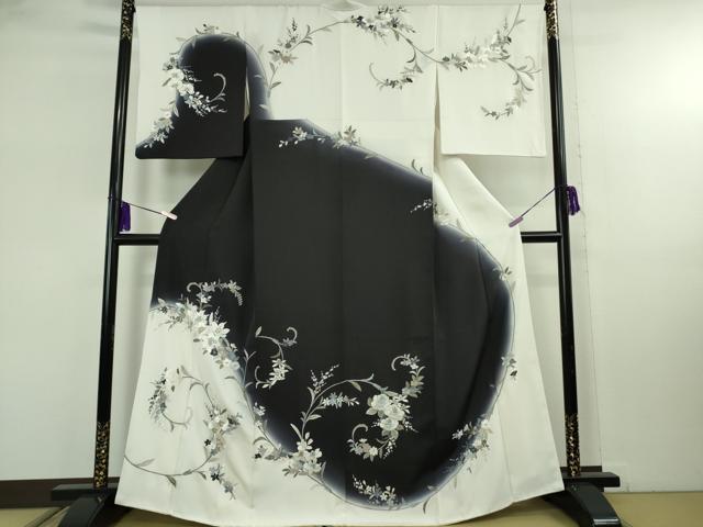 平和屋本店●極上 訪問着 総刺繍 胡蝶蘭 百合 薔薇 花唐草文 白×黒 暈し染め 金糸 逸品 未使用 DZAB8113kh6