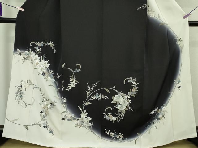 平和屋本店●極上 訪問着 総刺繍 胡蝶蘭 百合 薔薇 花唐草文 白×黒 暈し染め 金糸 逸品 未使用 DZAB8113kh6