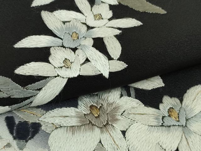 平和屋本店●極上 訪問着 総刺繍 胡蝶蘭 百合 薔薇 花唐草文 白×黒 暈し染め 金糸 逸品 未使用 DZAB8113kh6