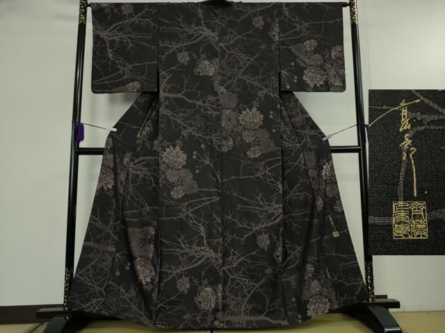 平和屋本店▽極上 キモノデザイナー 斉藤上太郎 お召 単衣 薔薇 バラ 反端付き 逸品 DZAB8119kh6