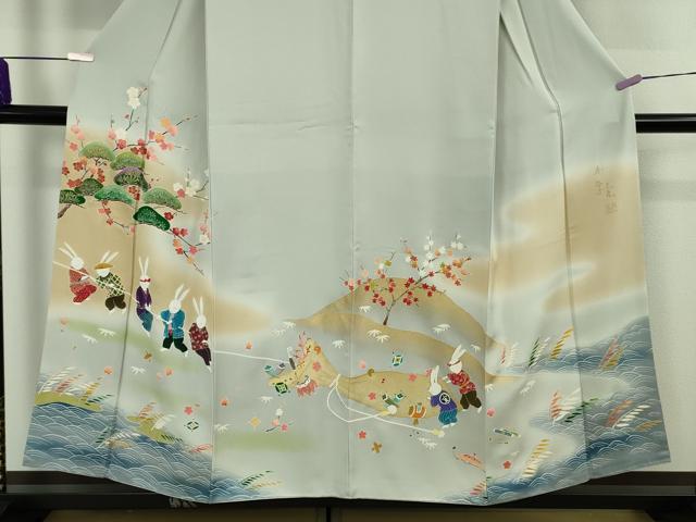 平和屋着物●極上 児島元気 アトリエ 聖jin苑 BANKANわものや 訪問着 駒刺繍 兎 宝尽くし 漁 暈し染め 金彩 たとう紙付き 逸品 DZAB8130kh6