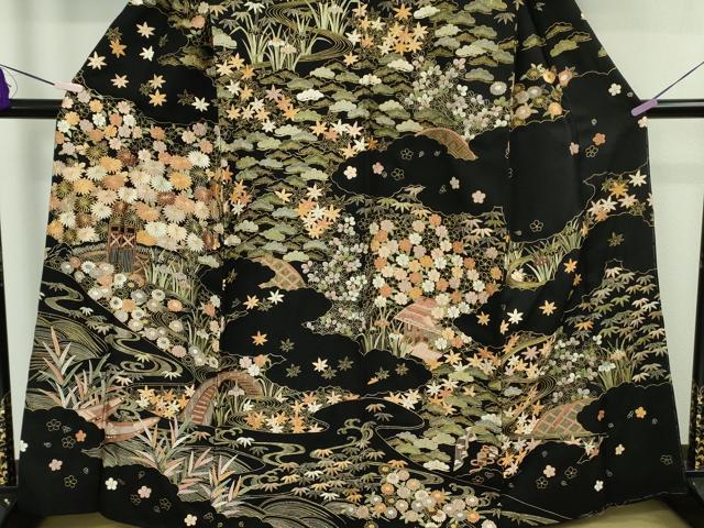 平和屋本店●極上 訪問着 総刺繍 渡橋風景花文 黒地 金糸 逸品 未使用 DZAB8138kh6