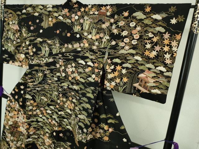 平和屋本店●極上 訪問着 総刺繍 渡橋風景花文 黒地 金糸 逸品 未使用 DZAB8138kh6