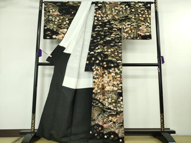 平和屋本店●極上 訪問着 総刺繍 渡橋風景花文 黒地 金糸 逸品 未使用 DZAB8138kh6