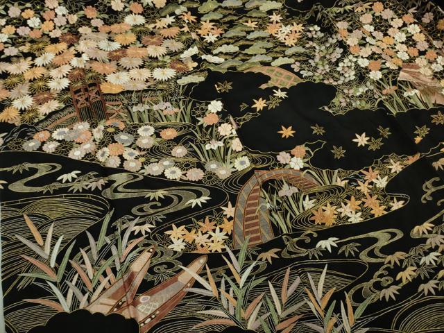 平和屋本店●極上 訪問着 総刺繍 渡橋風景花文 黒地 金糸 逸品 未使用 DZAB8138kh6