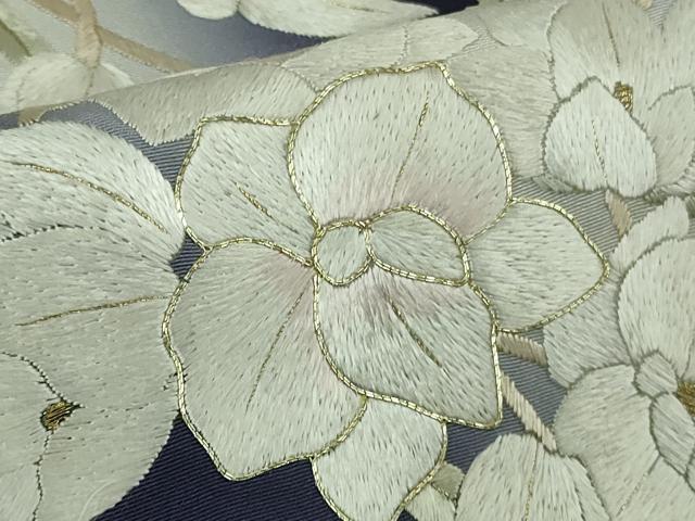 平和屋本店●極上 訪問着 総手刺繍 駒刺繍 胡蝶蘭 鉄紺色地 暈し染め 金糸 ロング丈 逸品 DZAB8140kh6