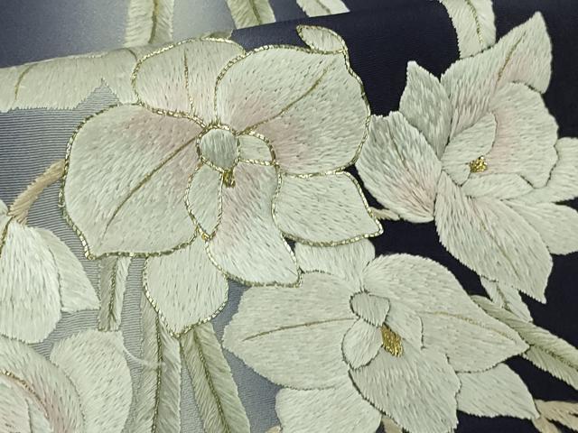 平和屋本店●極上 訪問着 総手刺繍 駒刺繍 胡蝶蘭 鉄紺色地 暈し染め 金糸 ロング丈 逸品 DZAB8140kh6