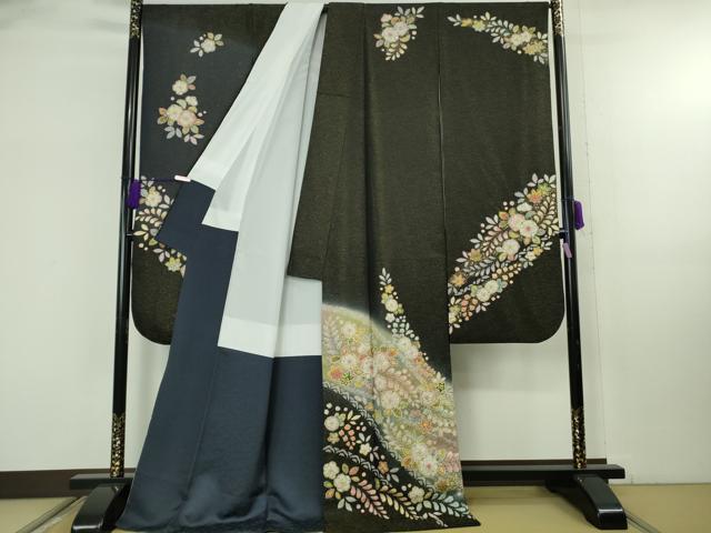 平和屋本店●極上 越後十日町の一流染匠 桐屋・翠山工房 徳永憲峰 振袖 辻が花 黒地 暈し染め 金通し地 逸品 DZAB8162kh6