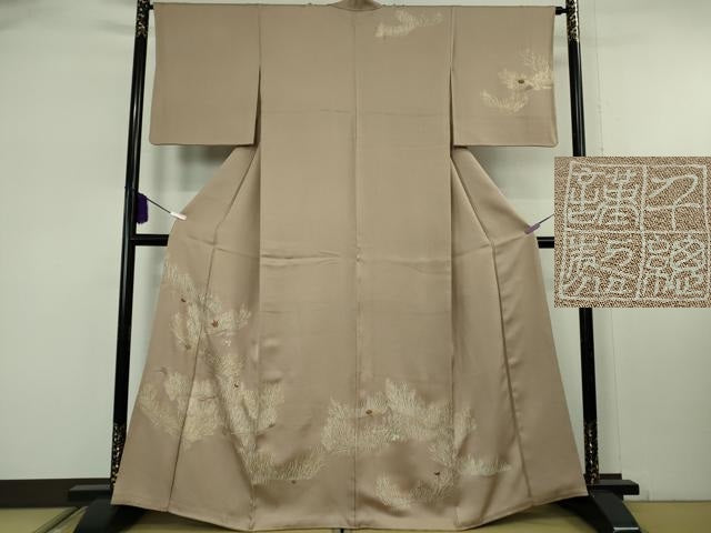 平和屋本店●極上 創業460年・千總 訪問着 刺繍 吹寄せ文 胡桃染色地 金彩 松坂屋扱い 逸品 DZAB8163kh6