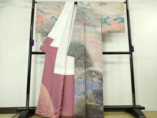 平和屋本店●極上 十日町 名門 滝泰謹製 訪問着 相良刺繍 おぼろ染 襲ね絞り 風景花文 暈し染め 金通し地 逸品 DZAB8164kh6