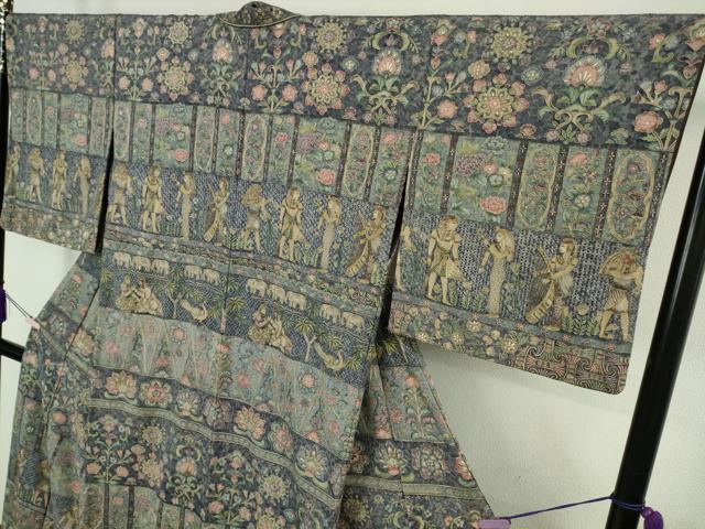 平和屋本店●極上 中国三大刺繍 スワトウ刺繍 汕頭刺繍 総刺繍 訪問着 エジプト壁画文様 象 人物 鳥 金糸 鬼しぼ縮緬 逸品 DZAB8172kh6