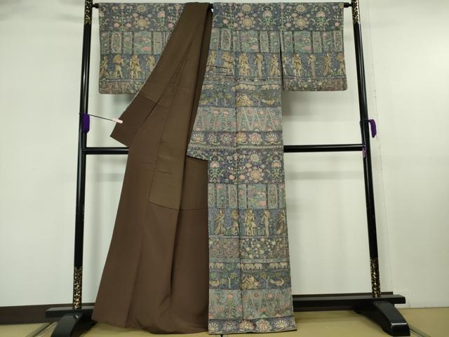 平和屋本店●極上 中国三大刺繍 スワトウ刺繍 汕頭刺繍 総刺繍 訪問着 エジプト壁画文様 象 人物 鳥 金糸 鬼しぼ縮緬 逸品 DZAB8172kh6
