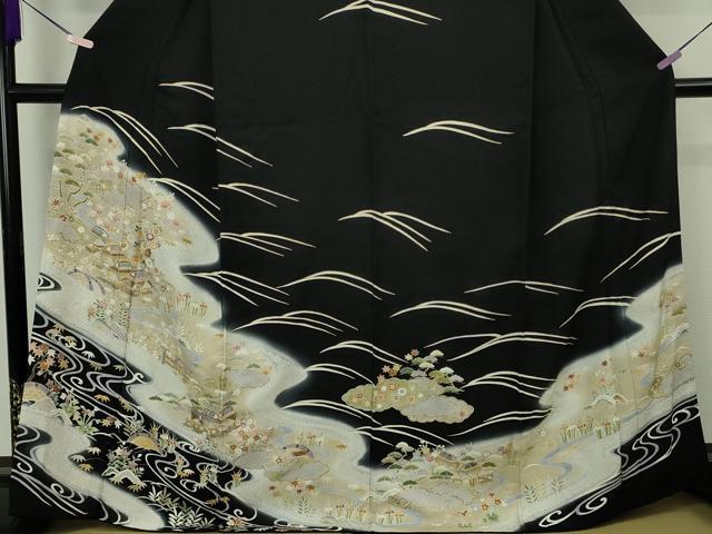 平和屋本店●極上 訪問着 駒刺繍 風景花文 黒地 金彩 逸品 DZAB8182kh6
