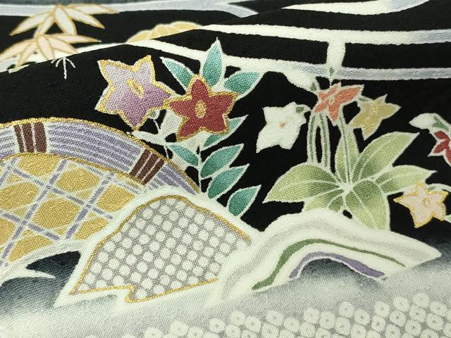 平和屋本店●極上 訪問着 駒刺繍 風景花文 黒地 金彩 逸品 DZAB8182kh6