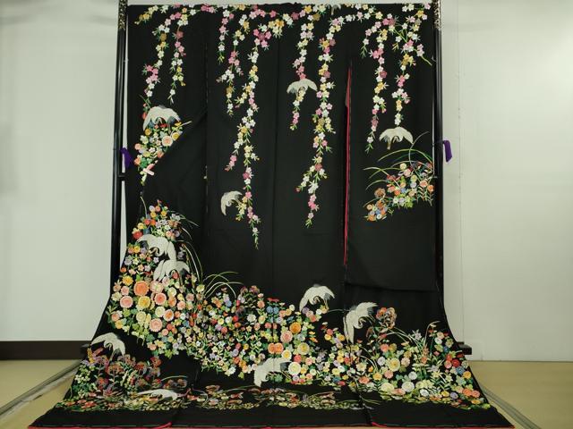 平和屋本店●極上 相良刺繍 総刺繍 お引きずり・引き振袖 結婚式 舞妓 芸妓 芸者 群鶴花文 黒地 金糸 仮絵羽 逸品 未使用 DZAB8183kh6