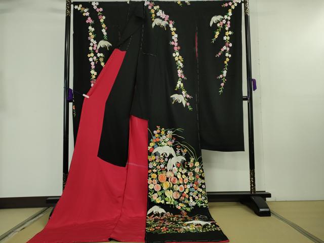 平和屋本店●極上 相良刺繍 総刺繍 お引きずり・引き振袖 結婚式 舞妓 芸妓 芸者 群鶴花文 黒地 金糸 仮絵羽 逸品 未使用 DZAB8183kh6