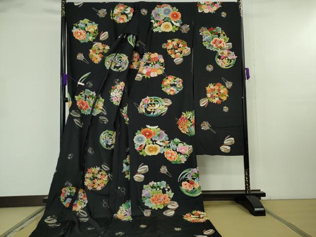 平和屋本店●極上 相良刺繍 お引きずり・引き振袖 結婚式 舞妓 芸妓 芸者 衣装 駒刺繍 花丸文 黒地 金糸 仮絵羽 逸品 未使用 DZAB8184kh6