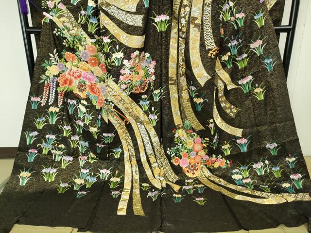 平和屋本店●極上 相良刺繍 総刺繍 お引きずり・引き振袖 結婚式 舞妓 芸妓 駒刺繍 花車 黒地 銀通し地 仮絵羽 逸品 未使用 DZAB8186kh6