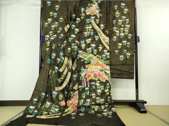 平和屋本店●極上 相良刺繍 総刺繍 お引きずり・引き振袖 結婚式 舞妓 芸妓 駒刺繍 花車 黒地 銀通し地 仮絵羽 逸品 未使用 DZAB8186kh6