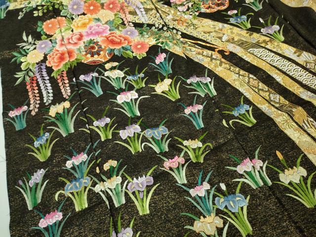 平和屋本店●極上 相良刺繍 総刺繍 お引きずり・引き振袖 結婚式 舞妓 芸妓 駒刺繍 花車 黒地 銀通し地 仮絵羽 逸品 未使用 DZAB8186kh6