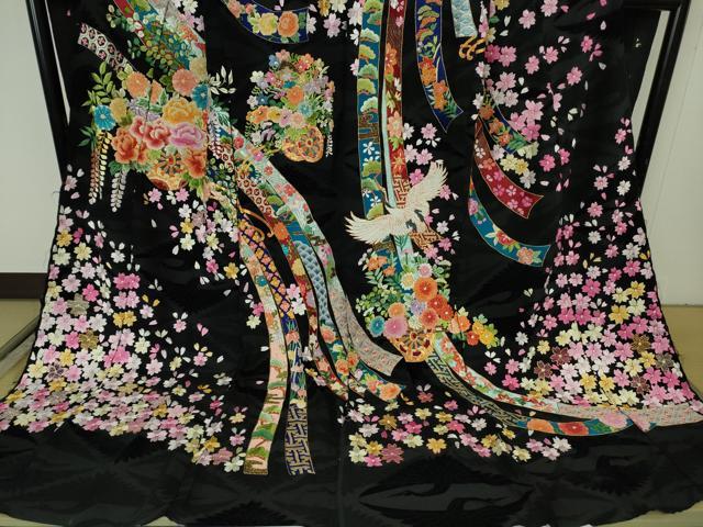 平和屋本店●極上 相良刺繍 総刺繍 お引きずり・引き振袖 結婚式 舞妓 芸妓 駒刺繍 蔓帯飛鶴 黒地 金糸 仮絵羽 逸品 未使用 DZAB8187kh6