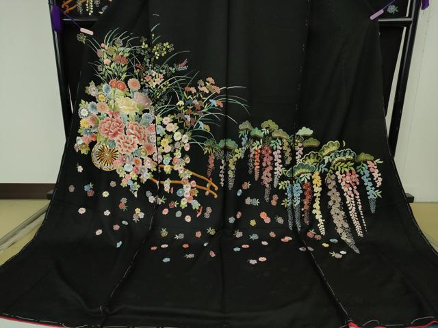 平和屋本店●極上 相良刺繍 総刺繍 お引きずり・引き振袖 結婚式 舞妓 芸妓 衣装 花車 松藤花房 黒地 金糸 仮絵羽 逸品 未使用 DZAB8188kh6