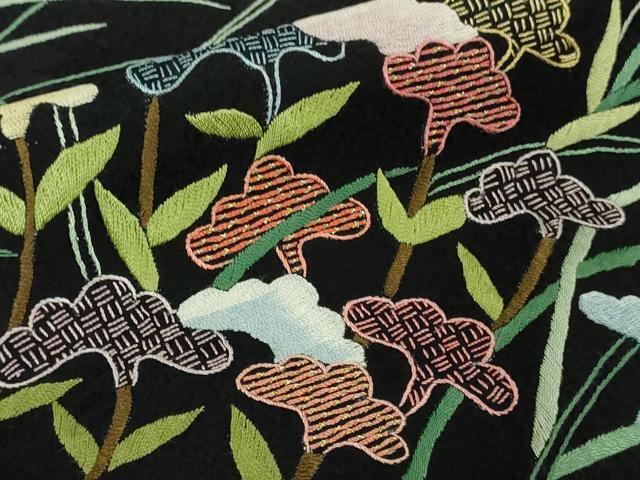 平和屋本店●極上 相良刺繍 総刺繍 お引きずり・引き振袖 結婚式 舞妓 芸妓 衣装 花車 松藤花房 黒地 金糸 仮絵羽 逸品 未使用 DZAB8188kh6