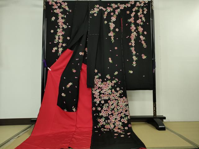 平和屋本店●極上 お引きずり・お引き摺り・引き振袖 結婚式 舞妓 芸妓 衣装 総刺繍 枝垂れ桜 黒地 金糸 仮絵羽 逸品 未使用 DZAB8189kh6