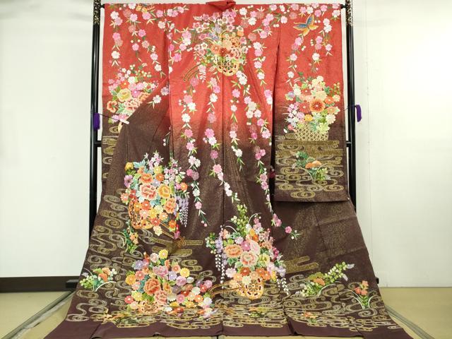 平和屋本店●極上 相良刺繍 総刺繍 お引きずり・引振袖 和装 結婚式 舞妓 芸妓 駒刺繍 花車 金糸 金通し地 仮絵羽 逸品 未使用 DZAB8197kh6