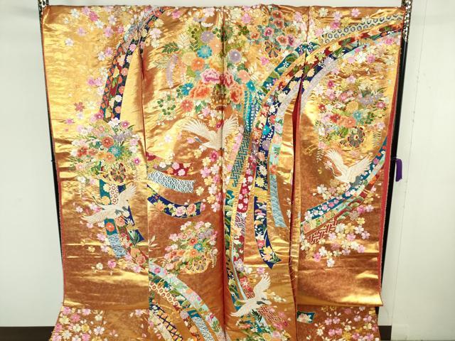 平和屋本店●極上 相良刺繍 総刺繍 色打掛 和装 婚礼 結婚式 花嫁 神社挙式 駒刺繍 花車 蔓帯飛鶴文 金糸 仮絵羽 逸品 未使用 DZAB8202kh6