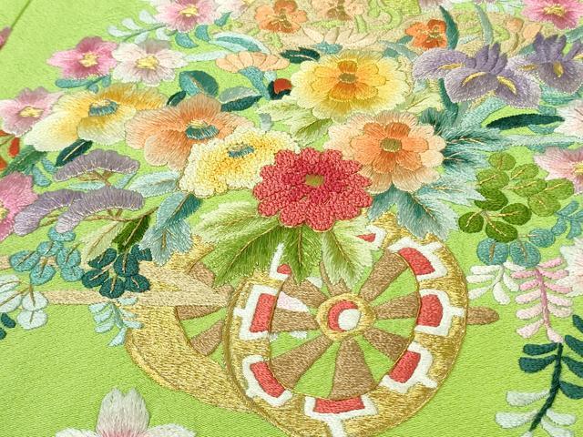 平和屋本店●極上 相良刺繍 総刺繍 お引きずり・引き振袖 和装 結婚式 舞妓 芸妓 衣装 花車 鬘帯 舞桜 金糸 仮絵羽 逸品 未使用DZAB8204kh6