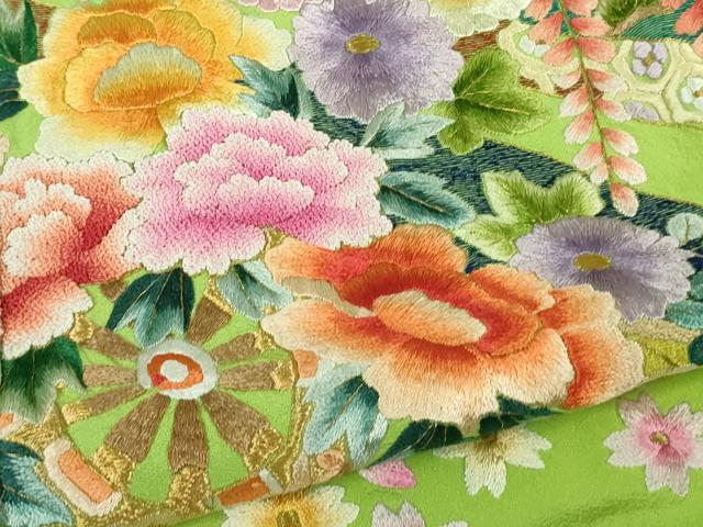 平和屋本店●極上 相良刺繍 総刺繍 お引きずり・引き振袖 和装 結婚式 舞妓 芸妓 衣装 花車 鬘帯 舞桜 金糸 仮絵羽 逸品 未使用DZAB8204kh6