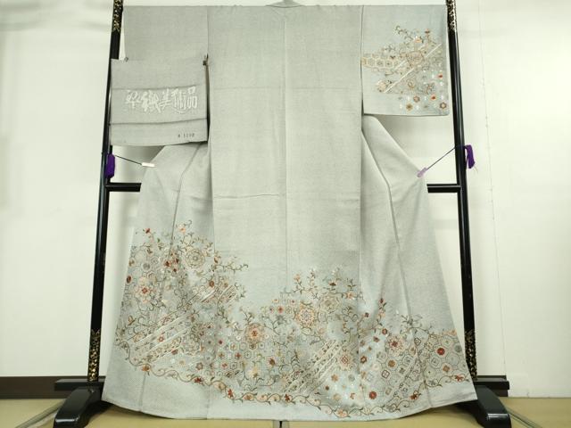 平和屋本店●極上 山岡古都・古都染人 染織美術品 薬墨染 天目織 訪問着 お召 スワトウ刺繍 総刺繍 金糸 反端付き 逸品 DZAB8220kh6