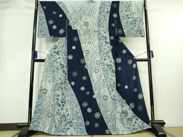 平和屋本店●極上 訪問着 本藍 型染 花鳥文 鬼しぼ縮緬 逸品 DZAB8227kh6